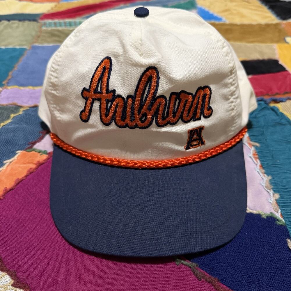 Vintage 90s Auburn Tigers White Snapback Trucker Hat Navy Brim Orange Rope